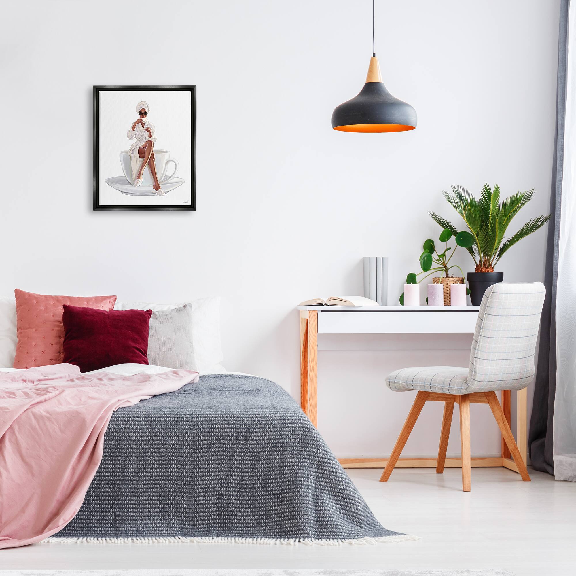 Stupell Industries Chic Coffee Teacup Woman Sipping Robe Sunglasses Framed Floater Canvas Wall Art